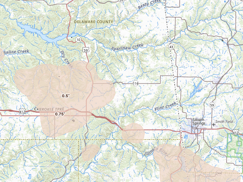 Radar-estimated hail-size map of the storm over Colcord, OK on Jun 11, 2026