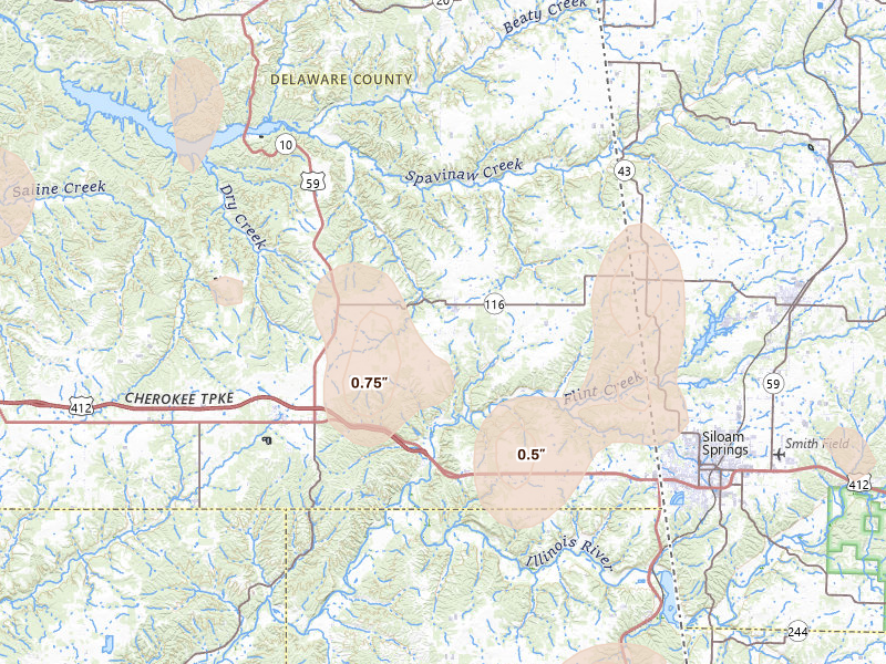 Radar-estimated hail-size map of the storm over Colcord, OK on Jul 11, 2026