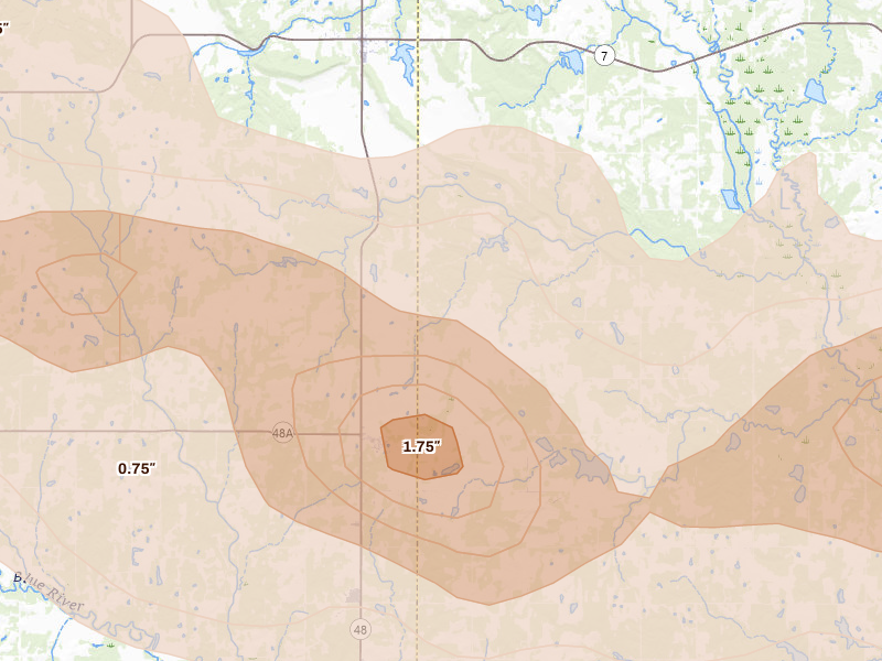 Radar-estimated hail-size map of the storm over Coleman, OK on Apr 25, 2026