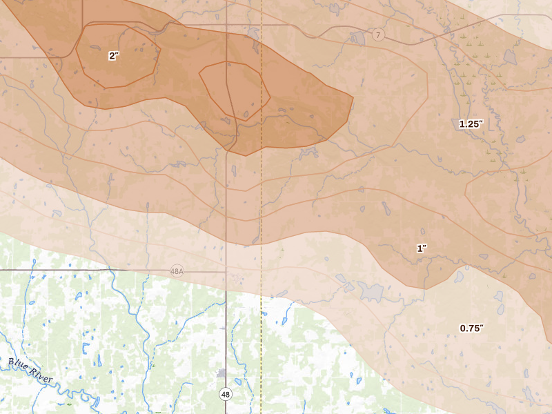 Radar-estimated hail-size map of the storm over Coleman, OK on Apr 28, 2026