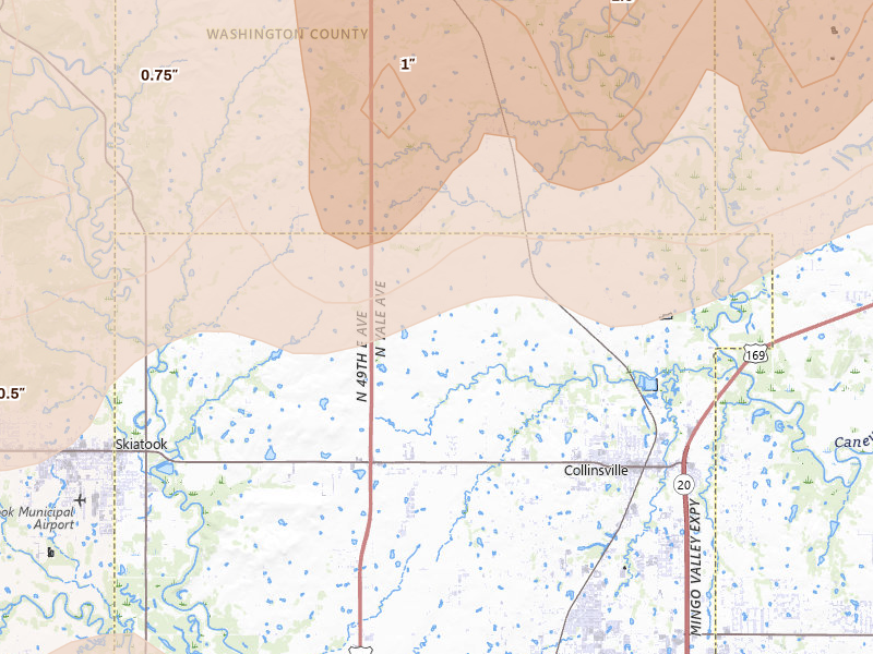 Radar-estimated hail-size map of the storm over Collinsville, OK on Apr 23, 2026