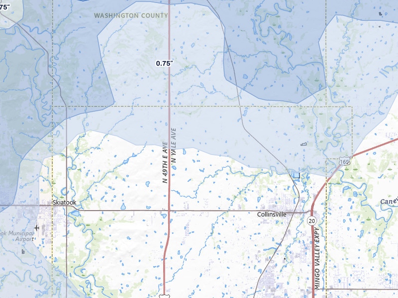 NEXRAD radar-signature map of the hail over Collinsville, OK
