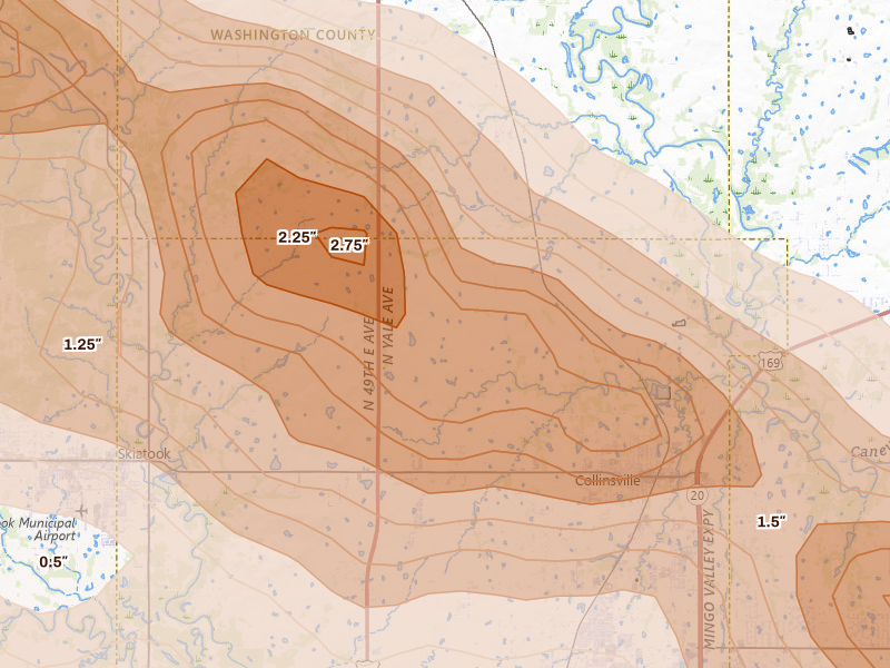 Radar-estimated hail-size map of the storm over Collinsville, OK on May 8, 2026