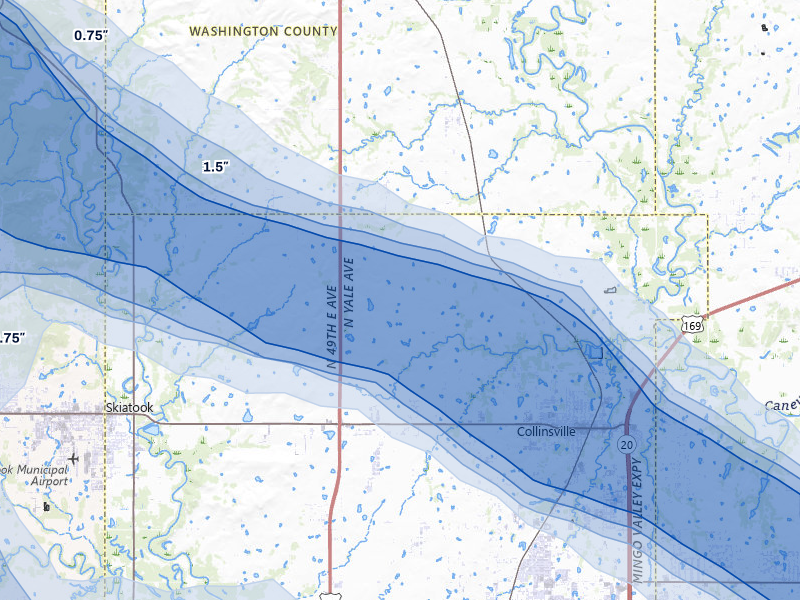 NEXRAD radar-signature map of the hail storm over Collinsville, OK on May 8, 2026