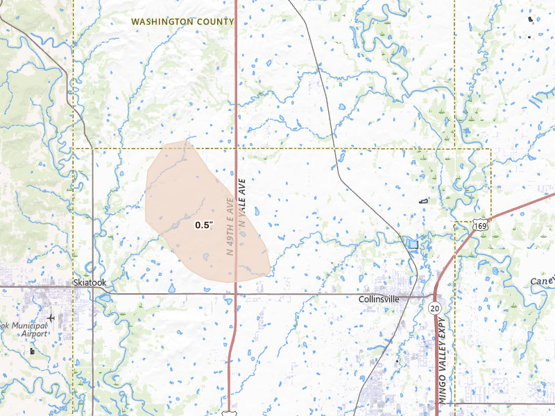 Radar-estimated hail-size map of the storm over Collinsville, OK on Jun 24, 2026