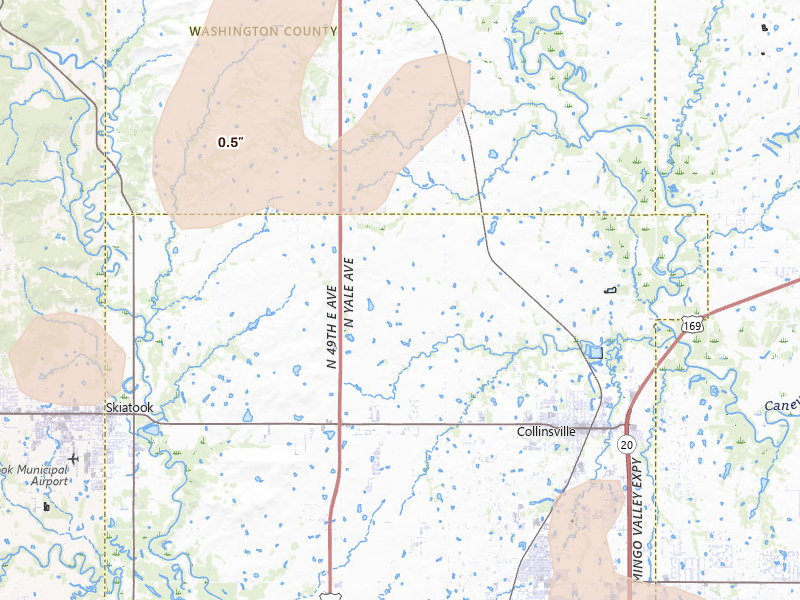 Radar-estimated hail-size map of the storm over Collinsville, OK on Jul 4, 2026