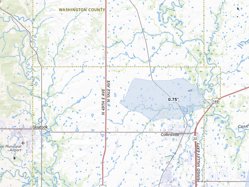 NEXRAD radar-signature map of the hail storm over Collinsville, OK on Jul 11, 2026
