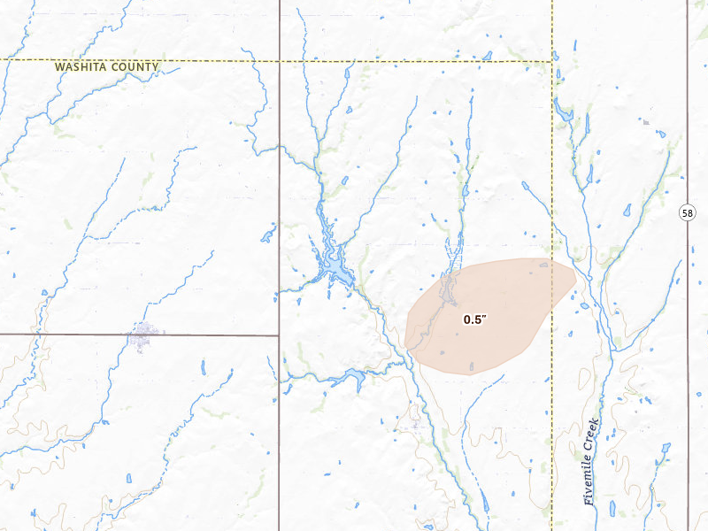 Radar-estimated hail-size map of the storm over Colony, OK on Apr 17, 2026