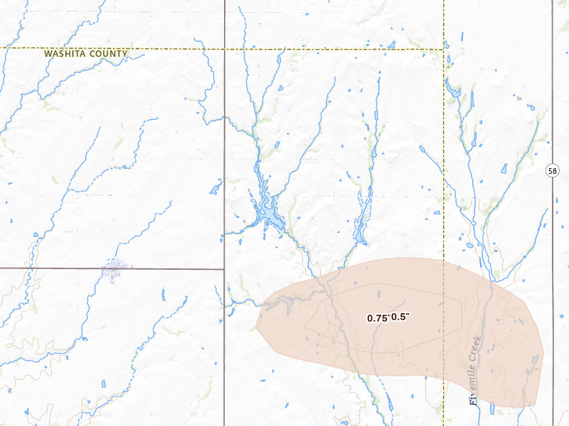 Radar-estimated hail-size map of the storm over Colony, OK on Jun 11, 2026