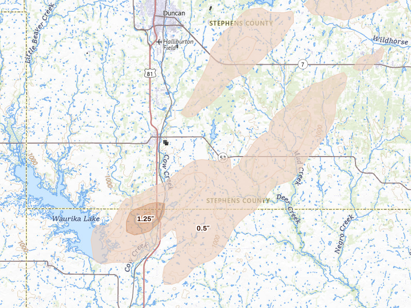 Radar-estimated hail-size map of the storm over Comanche, OK on Mar 6, 2026