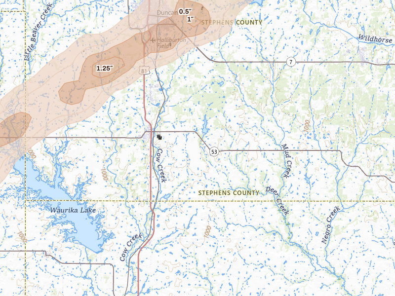 Radar-estimated hail-size map of the storm over Comanche, OK on Apr 14, 2026