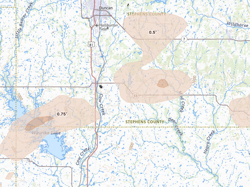 Radar-estimated hail-size map of the storm over Comanche, OK on Apr 25, 2026