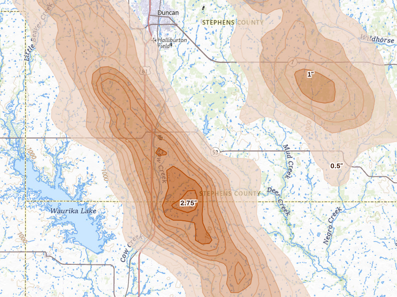 Radar-estimated hail-size map of the storm over Comanche, OK on May 8, 2026