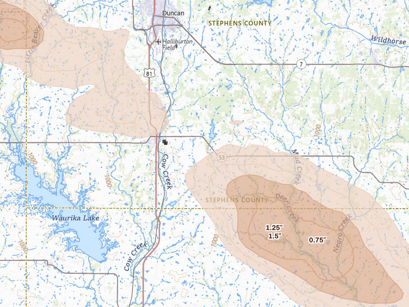 Radar-estimated hail-size map of the storm over Comanche, OK on May 9, 2026