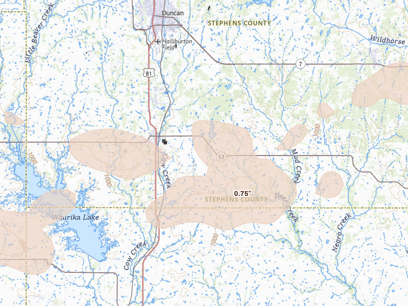Radar-estimated hail-size map of the storm over Comanche, OK on Jun 18, 2026