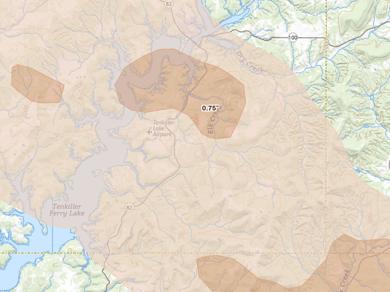 Radar-estimated hail-size map of the storm over Cookson, OK on May 8, 2026