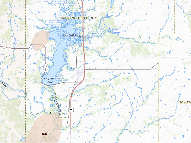 Radar-estimated hail-size map of the storm over Copan, OK on Mar 6, 2026