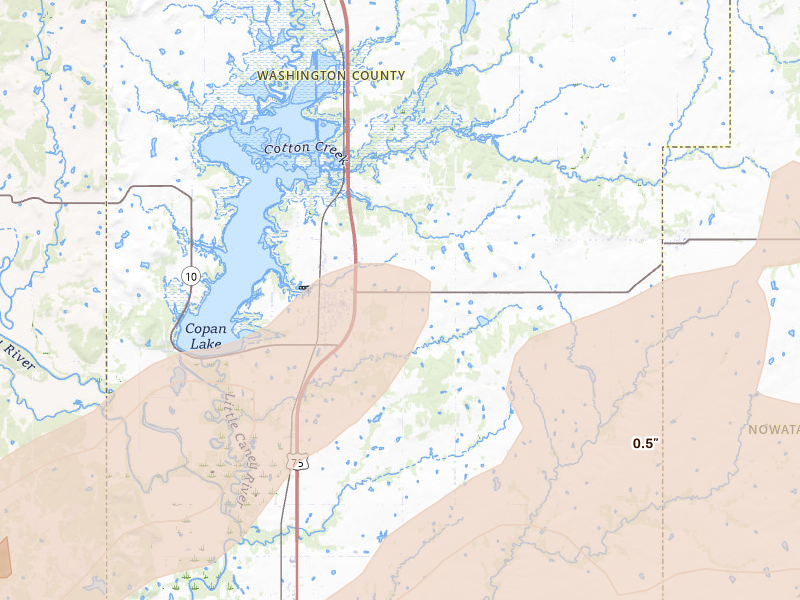 Radar-estimated hail-size map of the storm over Copan, OK on Apr 28, 2026