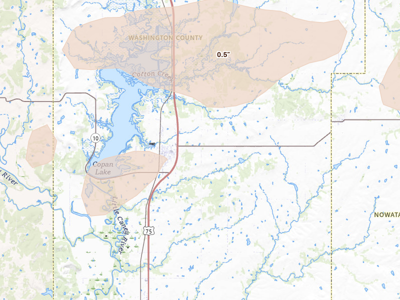 Radar-estimated hail-size map of the storm over Copan, OK on May 4, 2026