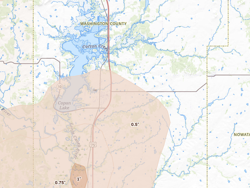 Radar-estimated hail-size map of the storm over Copan, OK on Jul 4, 2026