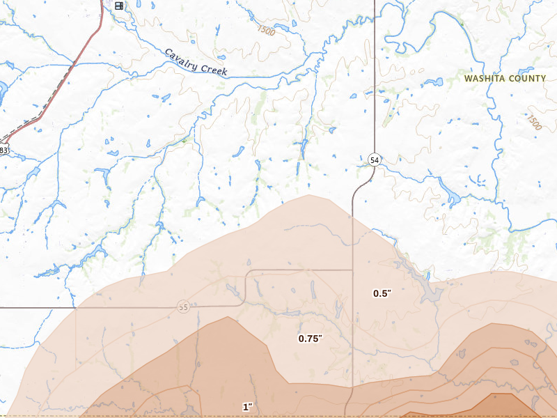 Radar-estimated hail-size map of the storm over Cordell, OK on Apr 3, 2026