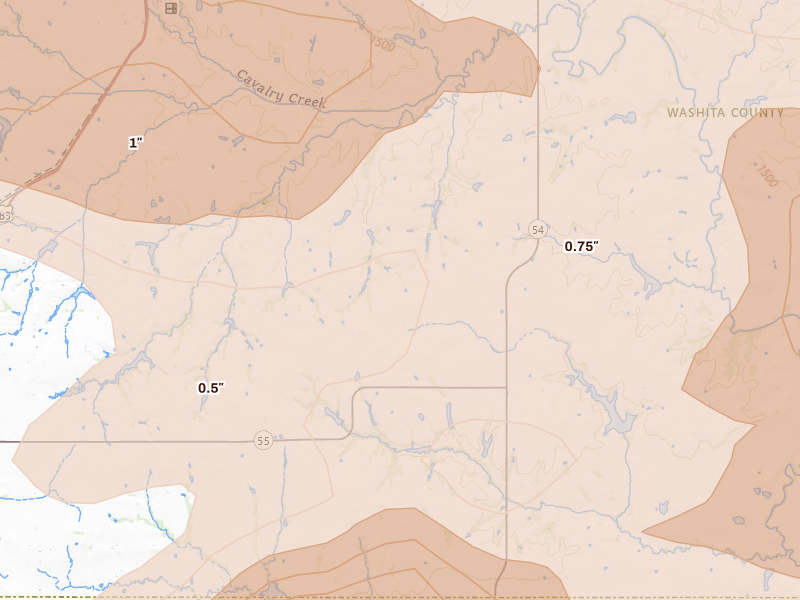 Radar-estimated hail-size map of the storm over Cordell, OK on May 9, 2026