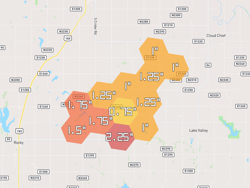 Hail map of Cordell, OK on Jun 3, 2026, hail up to 2.25"