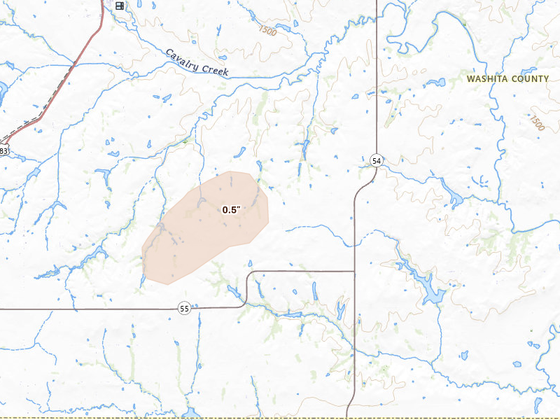 Radar-estimated hail-size map of the storm over Cordell, OK on Jun 5, 2026