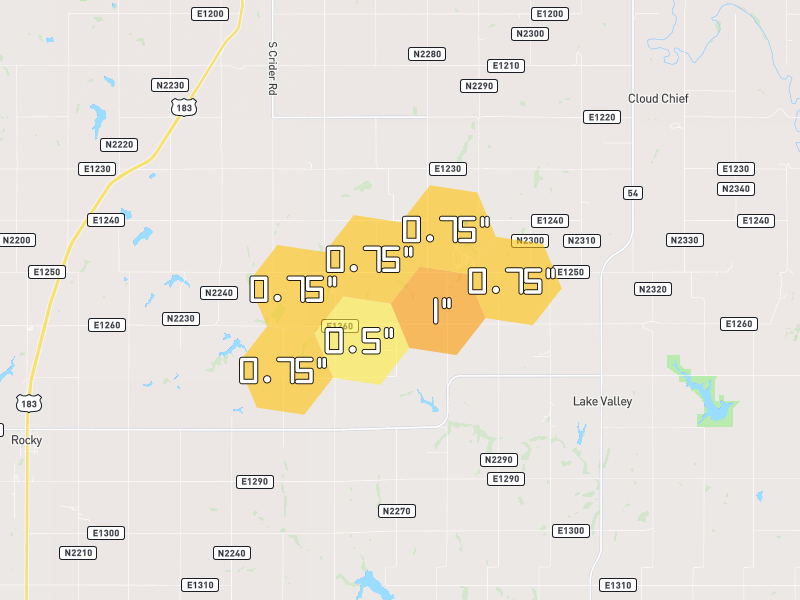 Hail map of Cordell, OK on Jun 5, 2026, hail up to 1"