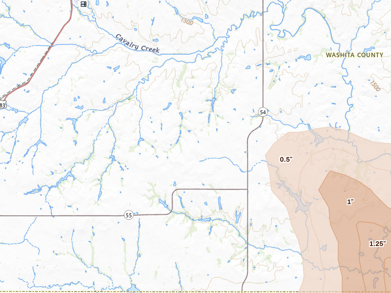 Radar-estimated hail-size map of the storm over Cordell, OK on Jun 11, 2026