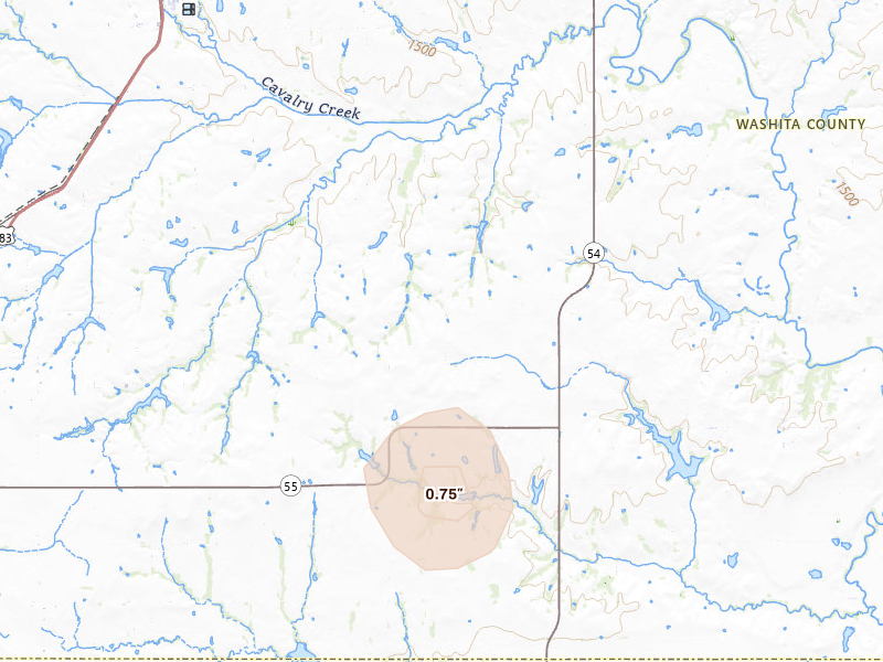 Radar-estimated hail-size map of the storm over Cordell, OK on Jun 12, 2026