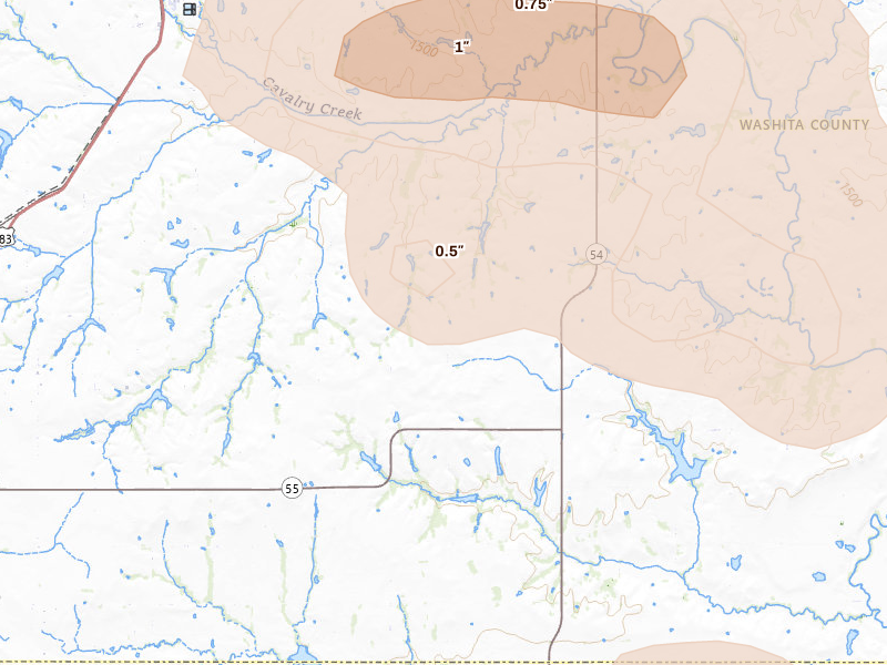 Radar-estimated hail-size map of the storm over Cordell, OK on Jul 4, 2026