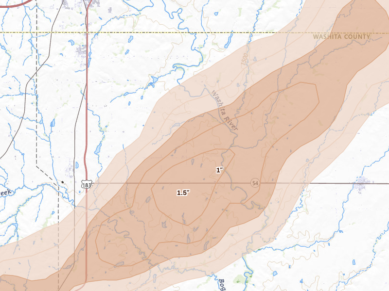 Radar-estimated hail-size map of the storm over Corn, OK on Apr 1, 2026