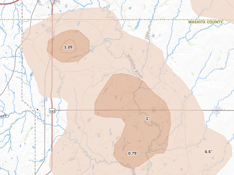 Radar-estimated hail-size map of the storm over Corn, OK on Jul 4, 2026