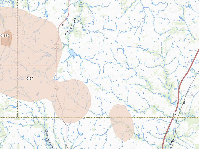 Radar-estimated hail-size map of the storm over Council Hill, OK on May 8, 2026