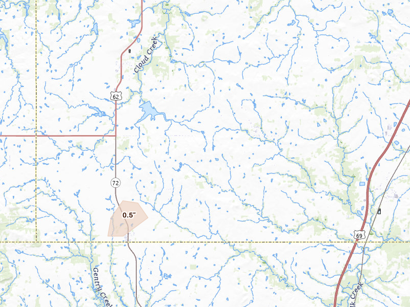 Radar-estimated hail-size map of the storm over Council Hill, OK on Jul 4, 2026