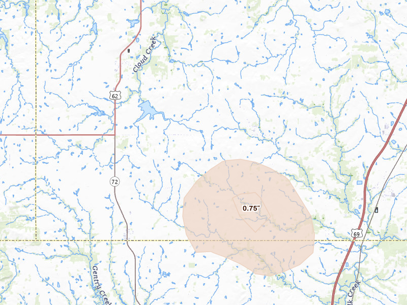 Radar-estimated hail-size map of the storm over Council Hill, OK on Aug 20, 2026