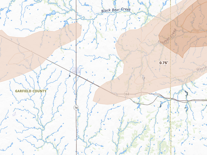 Radar-estimated hail-size map of the storm over Covington, OK on Apr 3, 2026