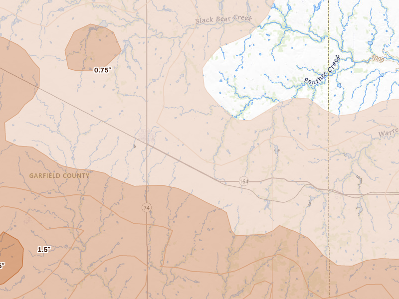 Radar-estimated hail-size map of the storm over Covington, OK on Apr 23, 2026