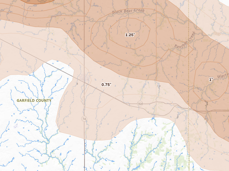 Radar-estimated hail-size map of the storm over Covington, OK on Jun 26, 2026