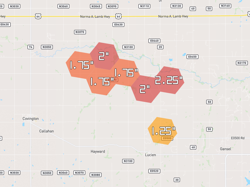 Hail map of Covington, OK on Jun 26, 2026, hail up to 2.25"