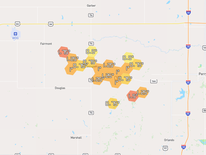 Hail map of Covington, OK on Jun 27, 2026, hail up to 1.75"
