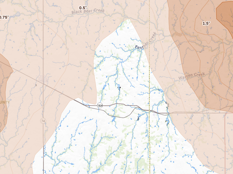Radar-estimated hail-size map of the storm over Covington, OK on Jul 4, 2026