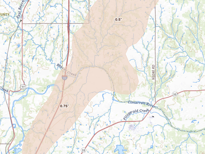 Radar-estimated hail-size map of the storm over Coyle, OK on Mar 6, 2026