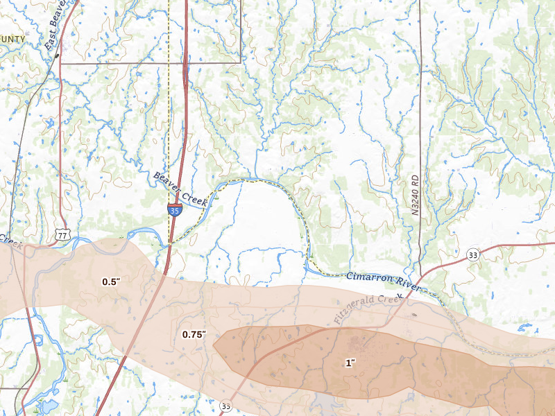 Radar-estimated hail-size map of the storm over Coyle, OK on May 8, 2026