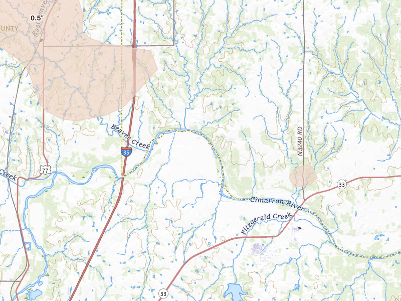 Radar-estimated hail-size map of the storm over Coyle, OK on Jun 23, 2026