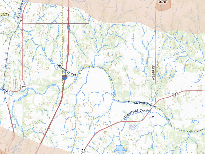Radar-estimated hail-size map of the storm over Coyle, OK on Jun 26, 2026