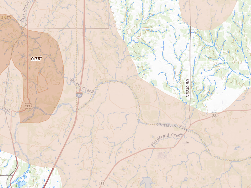 Radar-estimated hail-size map of the storm over Coyle, OK on Jul 4, 2026