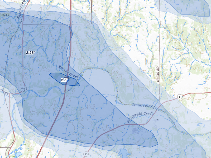 NEXRAD radar-signature map of the hail over Coyle, OK