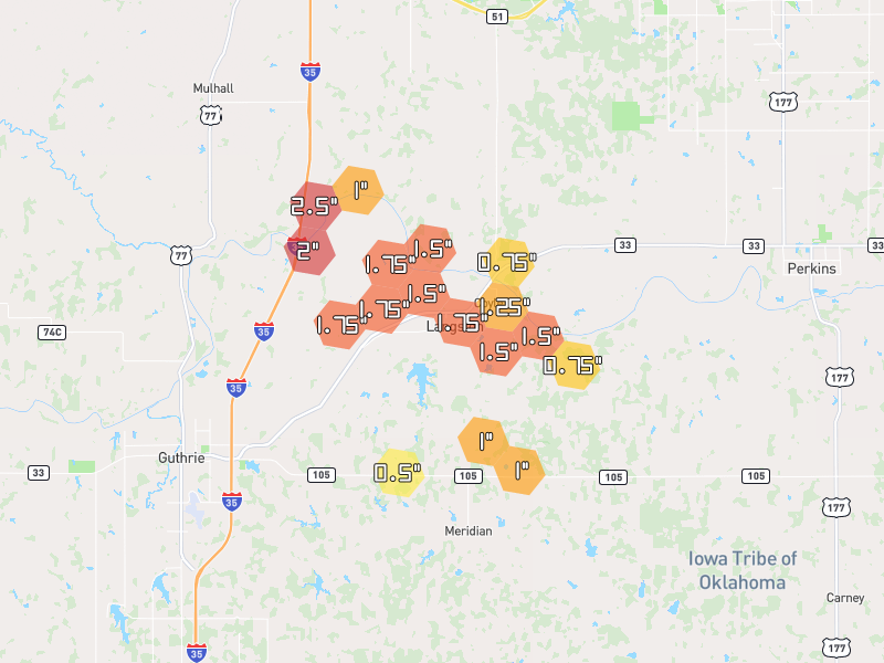 Hail map of Coyle, OK on Jul 5, 2026, hail up to 2.5"